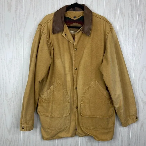 Woolrich Mens VTG Chore Jacket Tan Canvas Leather Collar Striped Lined L - Picture 1 of 9